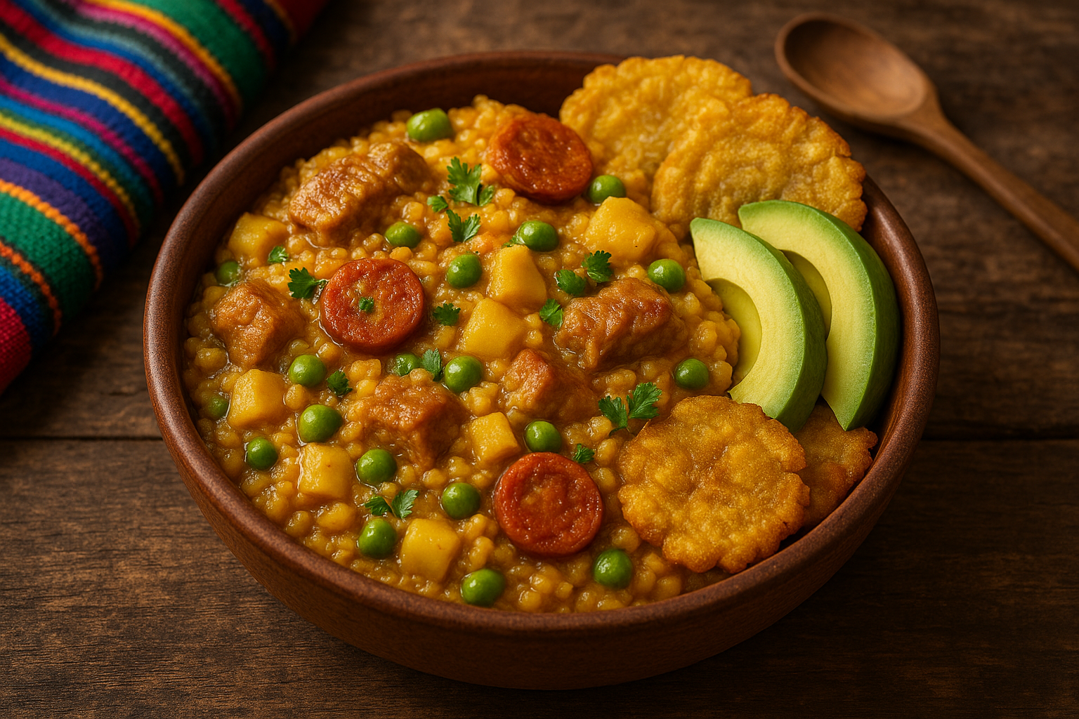 Plato de arroz atollado colombiano con arroz cremoso, trozos de cerdo, chorizo y verduras, servido en cazuela de barro