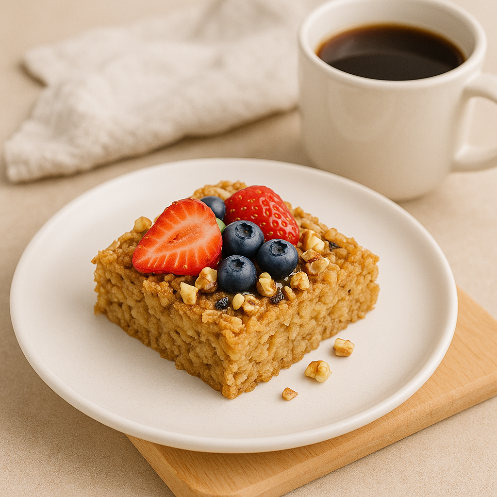 Porción de avena horneada servida en un plato blanco, acompañada de frutas frescas y nueces, con una taza de café al fondo