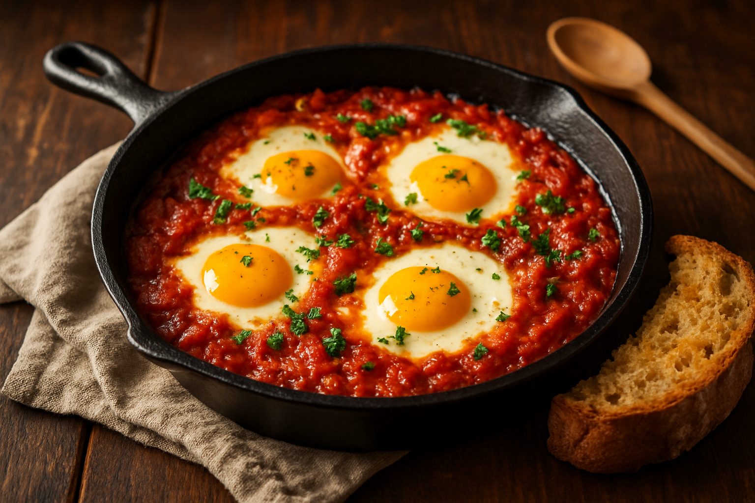 Shakshuka servida en sartén de hierro con huevos escalfados, tomate, pimientos rojos y hierbas frescas