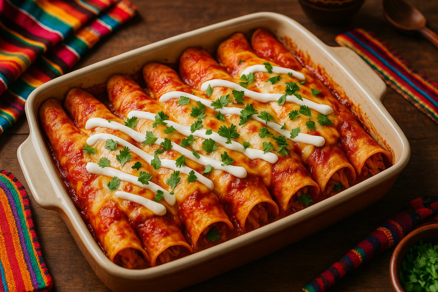 Enchiladas gratinadas de pollo cubiertas con queso derretido y salsa roja, servidas en una bandeja de cerámica