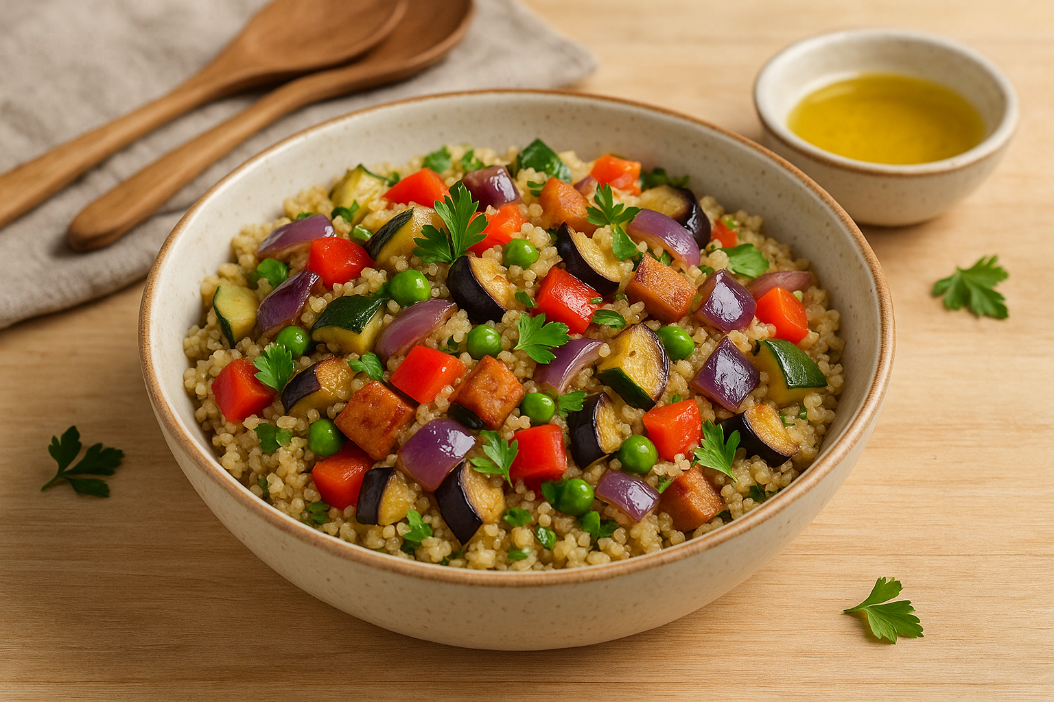 Ensalada de quinoa con pimientos, calabacín y berenjena asados, servida en un bol de cerámica con vinagreta de limón