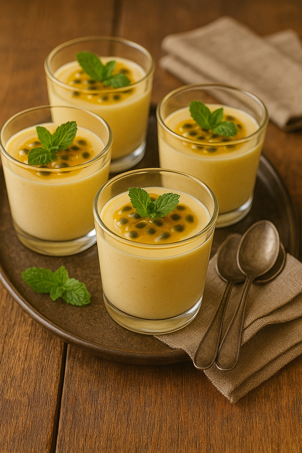 Vasos individuales de mousse de maracuyá decorados con pulpa de la fruta y hojas de menta, servidos en una bandeja sobre una mesa de madera