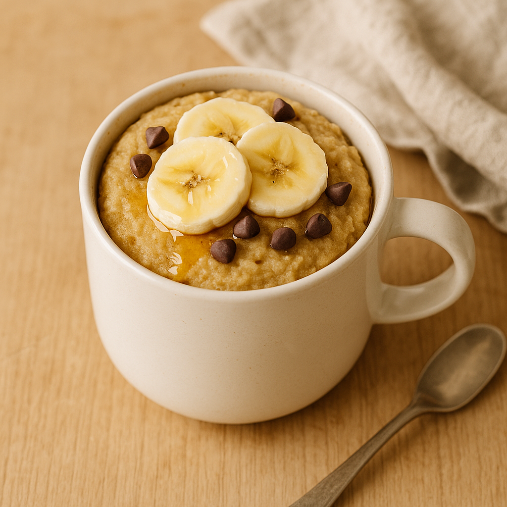 Mug cake de avena y plátano esponjoso, servido en una taza blanca con rodajas de banana por encima