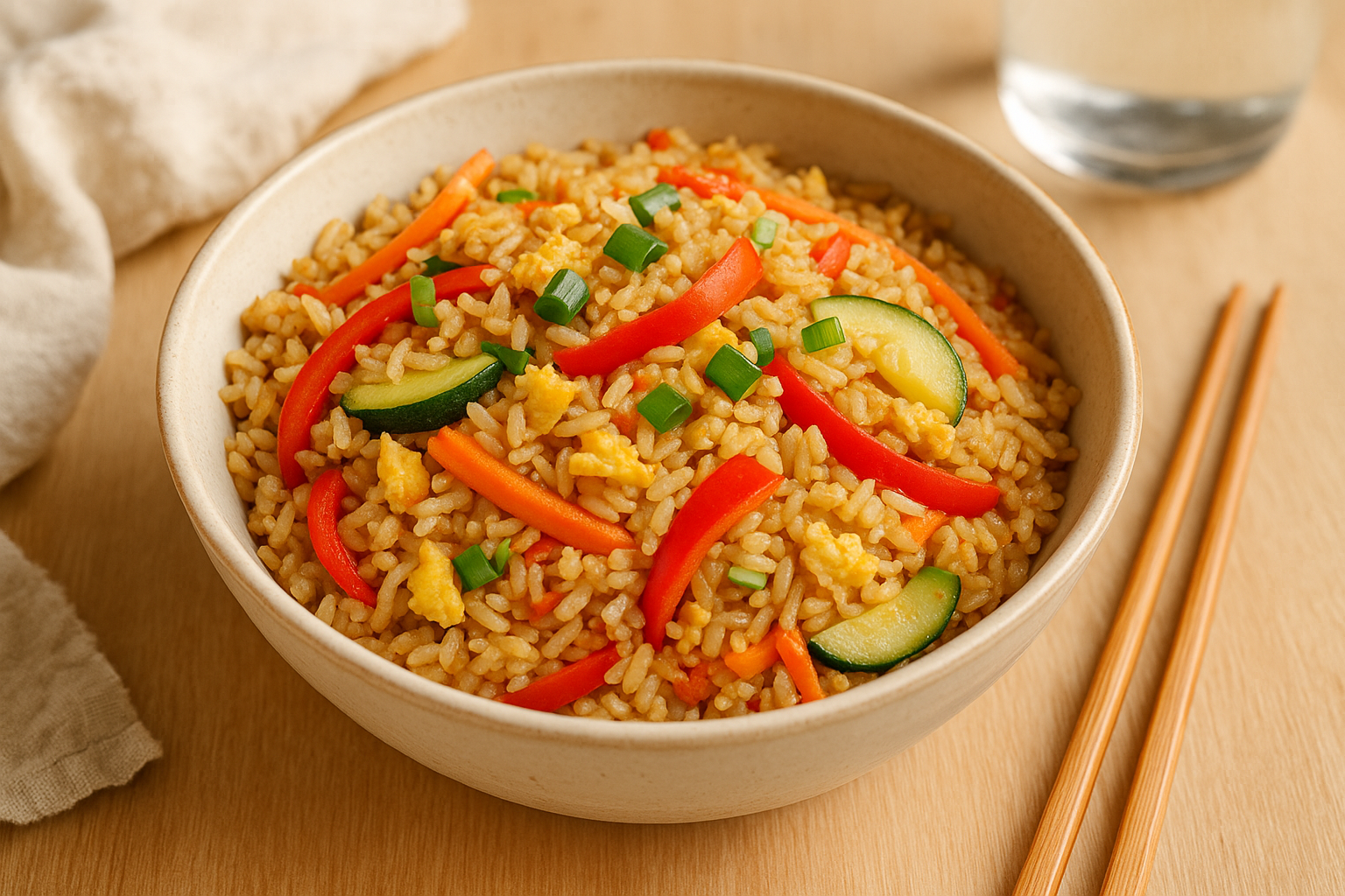 Plato con arroz salteado, zanahoria, pimientos, zucchini y huevo revuelto