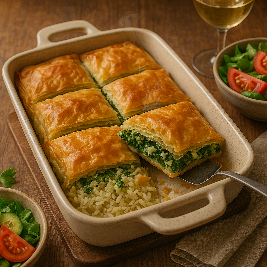 Spanakopita recién horneada, mostrando capas doradas de masa filo y un relleno verde de espinacas y queso feta, servida en una bandeja de cerámica