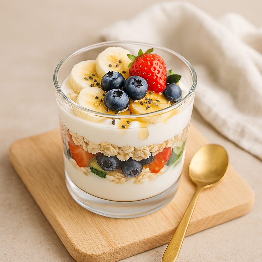 Vasito de yogur natural en capas con avena, frutas frescas y semillas servido en frasco de vidrio