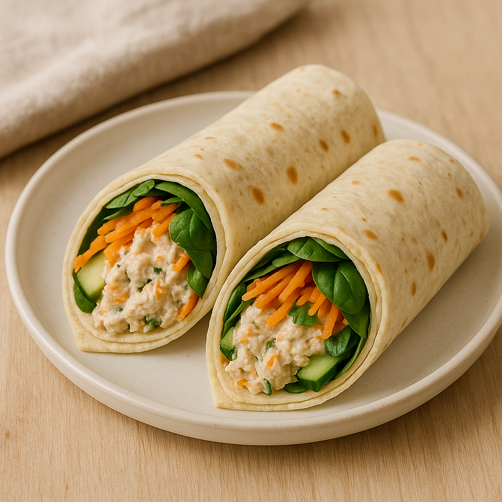 Wrap de pollo con yogur y limón en tortilla integral con espinaca y zanahoria