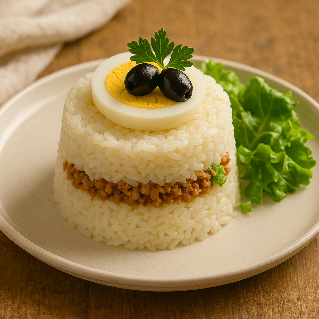 Arroz tapado peruano moldeado en torre con carne molida en el centro, decorado con huevo duro y perejil