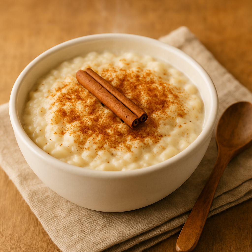Cuenco de cerámica con arroz con leche cremoso, decorado con canela espolvoreada y rama entera al centro