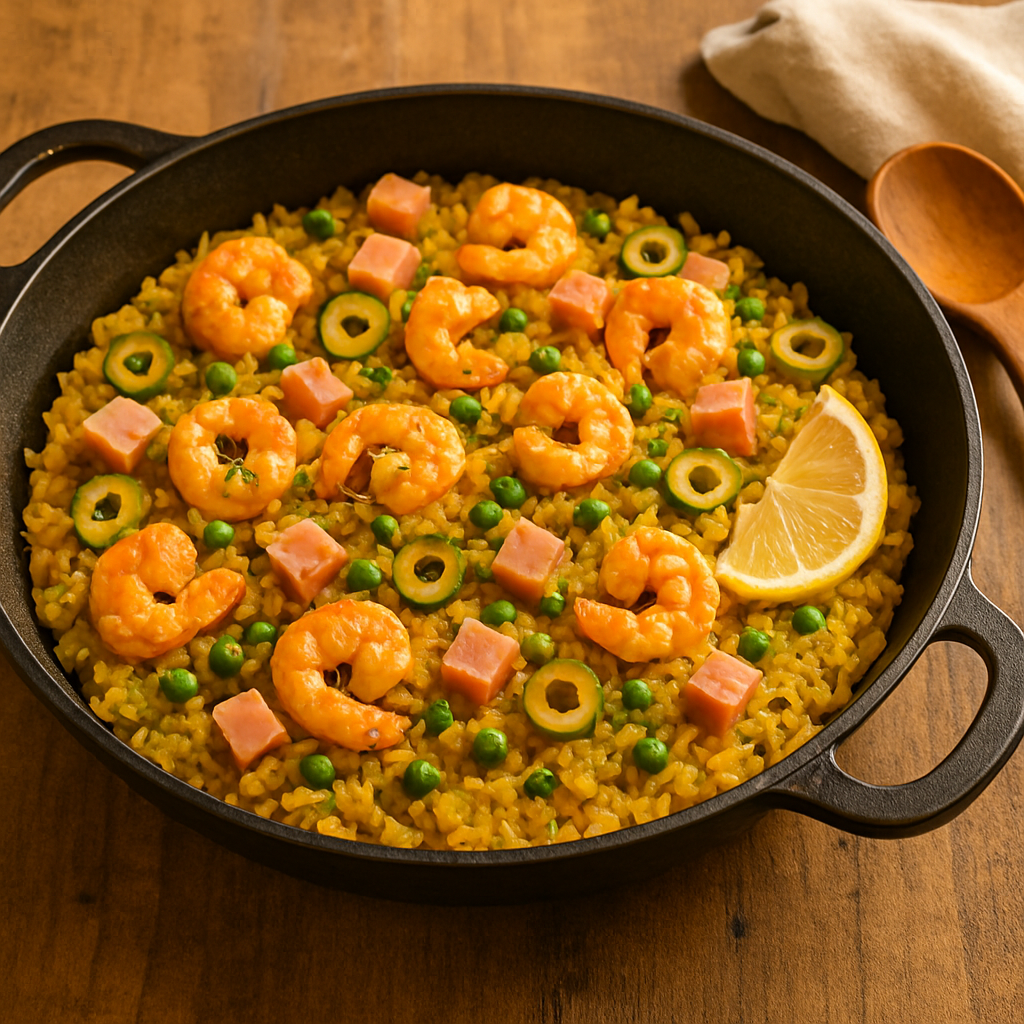 Sartén de arroz con mariscos, jamón en cubos, aceitunas verdes y alcaparras, decorado con perejil fresco