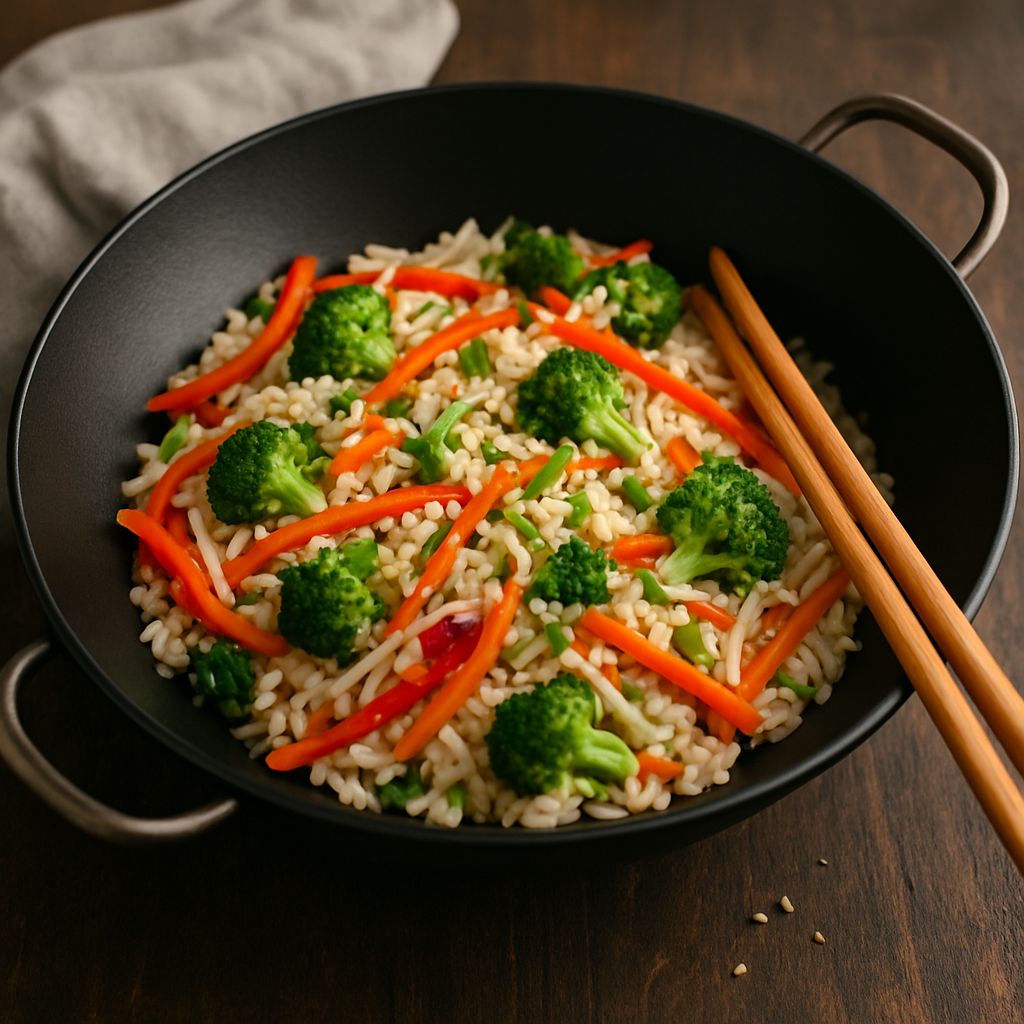 Wok con arroz salteado, zanahorias, pimientos, cebolla, brócoli y brotes de soya, decorado con semillas de sésamo