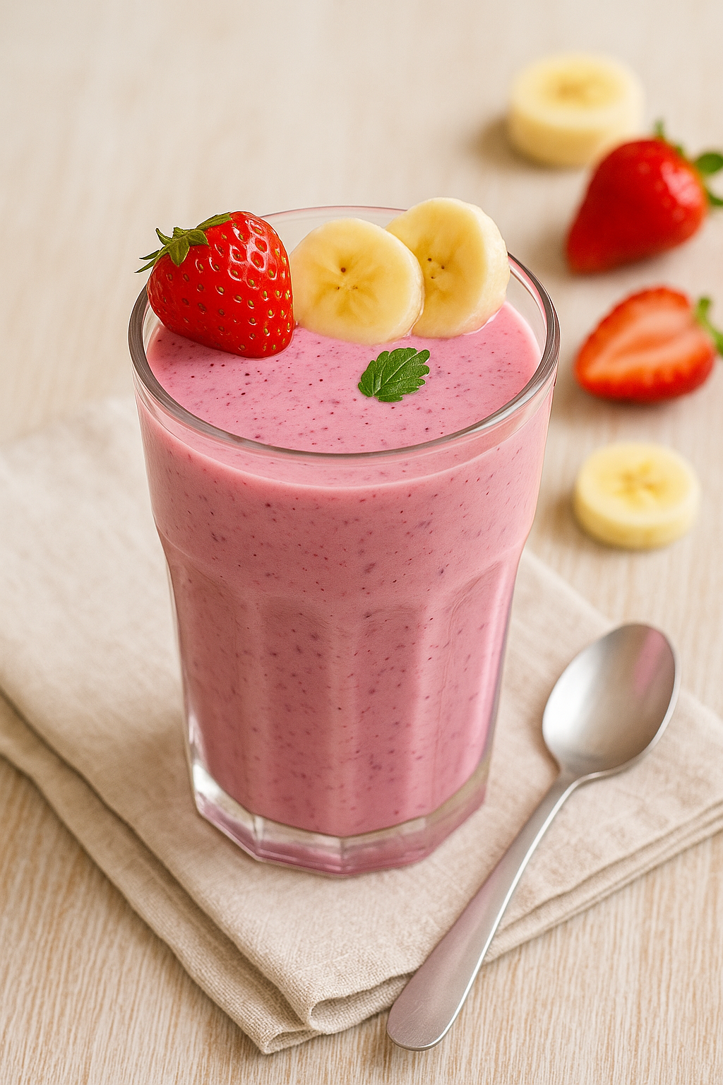 Batido de frutas y yogur: vaso de vidrio con batido rosado cremoso, decorado con rodajas de plátano y fresas, sobre una mesa clara con servilleta de lino