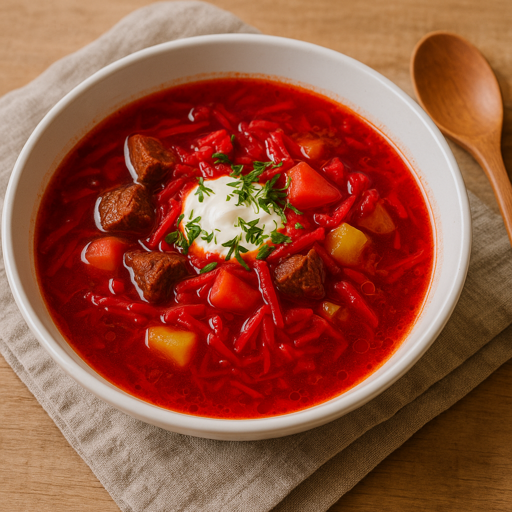 Borsch ucraniano: sopa roja servida en plato hondo blanco, con remolacha rallada, trozos de carne, col y una cucharada de crema agria