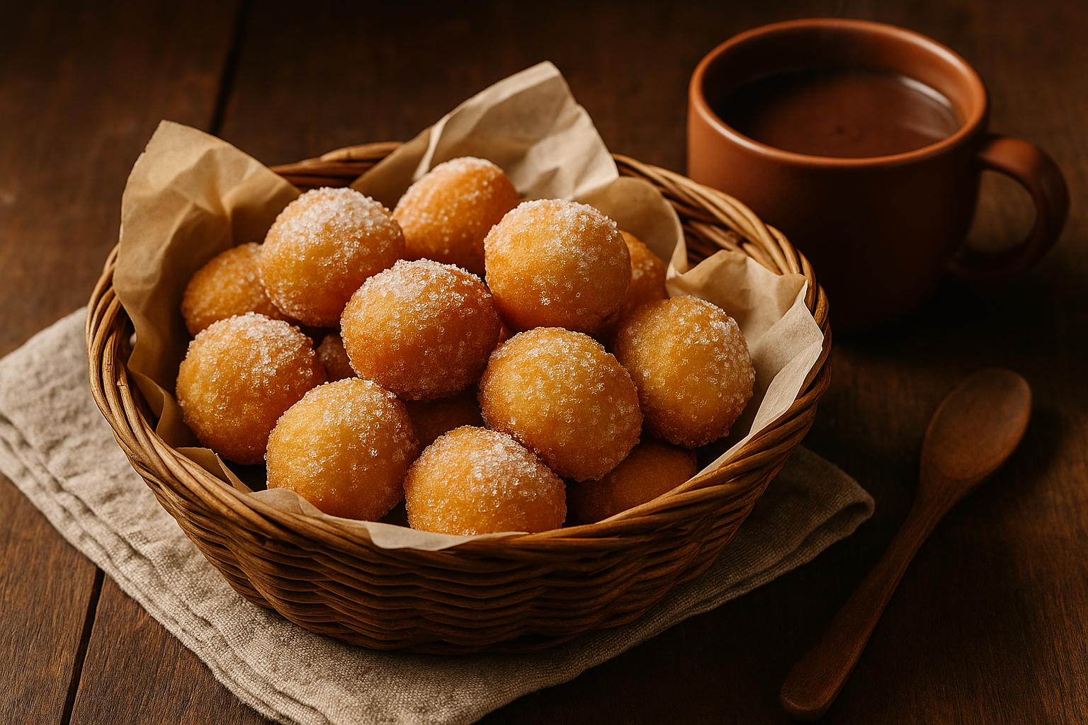 Buñuelos valencianos: bolitas doradas de masa frita con forma irregular, espolvoreadas con azúcar y servidas en papel encerado junto a taza de chocolate caliente
