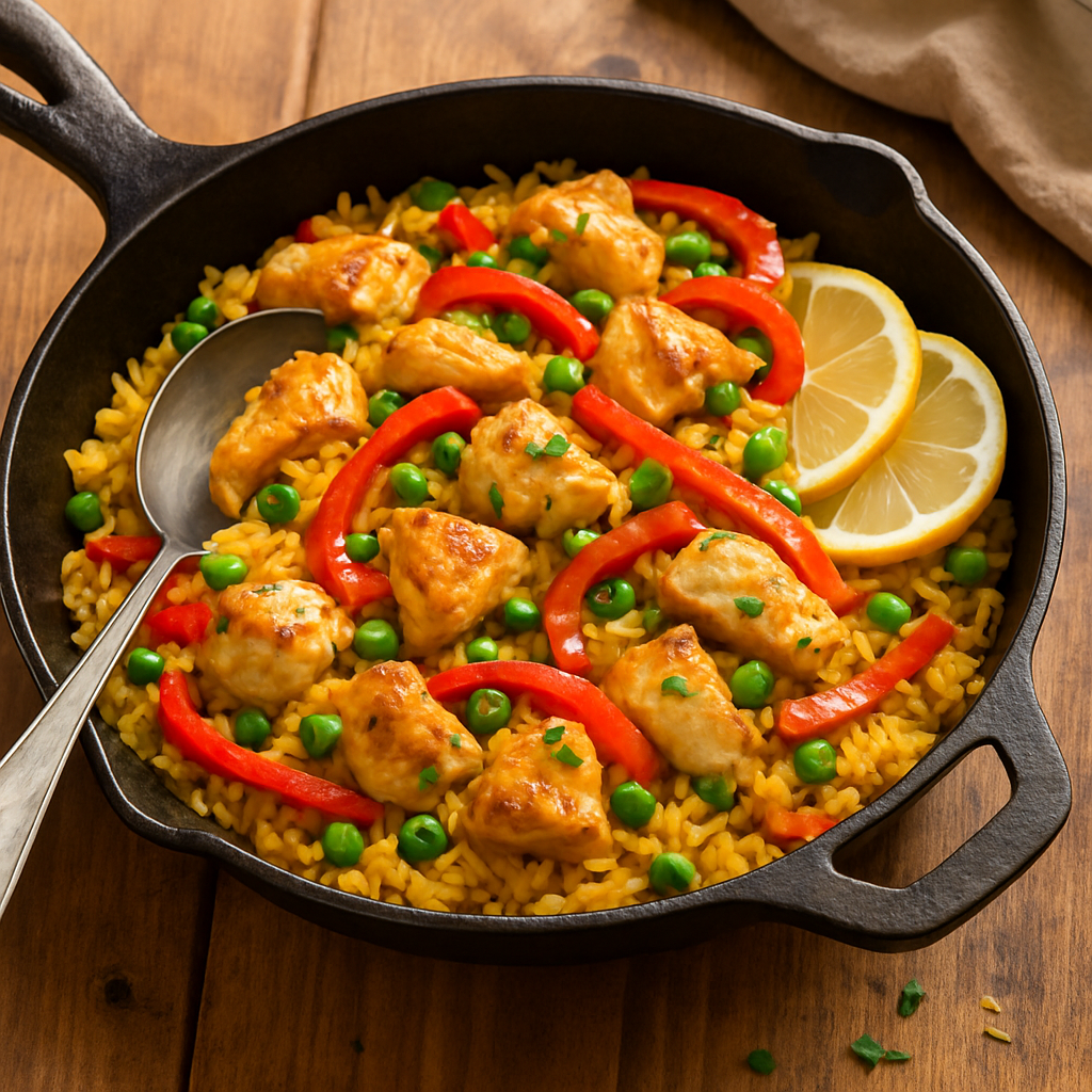 Sartén grande con arroz amarillo, trozos de pollo dorado, pimientos y arvejas, decorado con perejil fresco