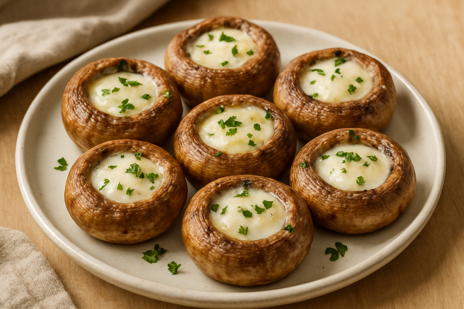 Champiñones rellenos de queso crema: hongos grandes dorados al horno con centro cremoso, decorados con perejil y servidos en plato de cerámica
