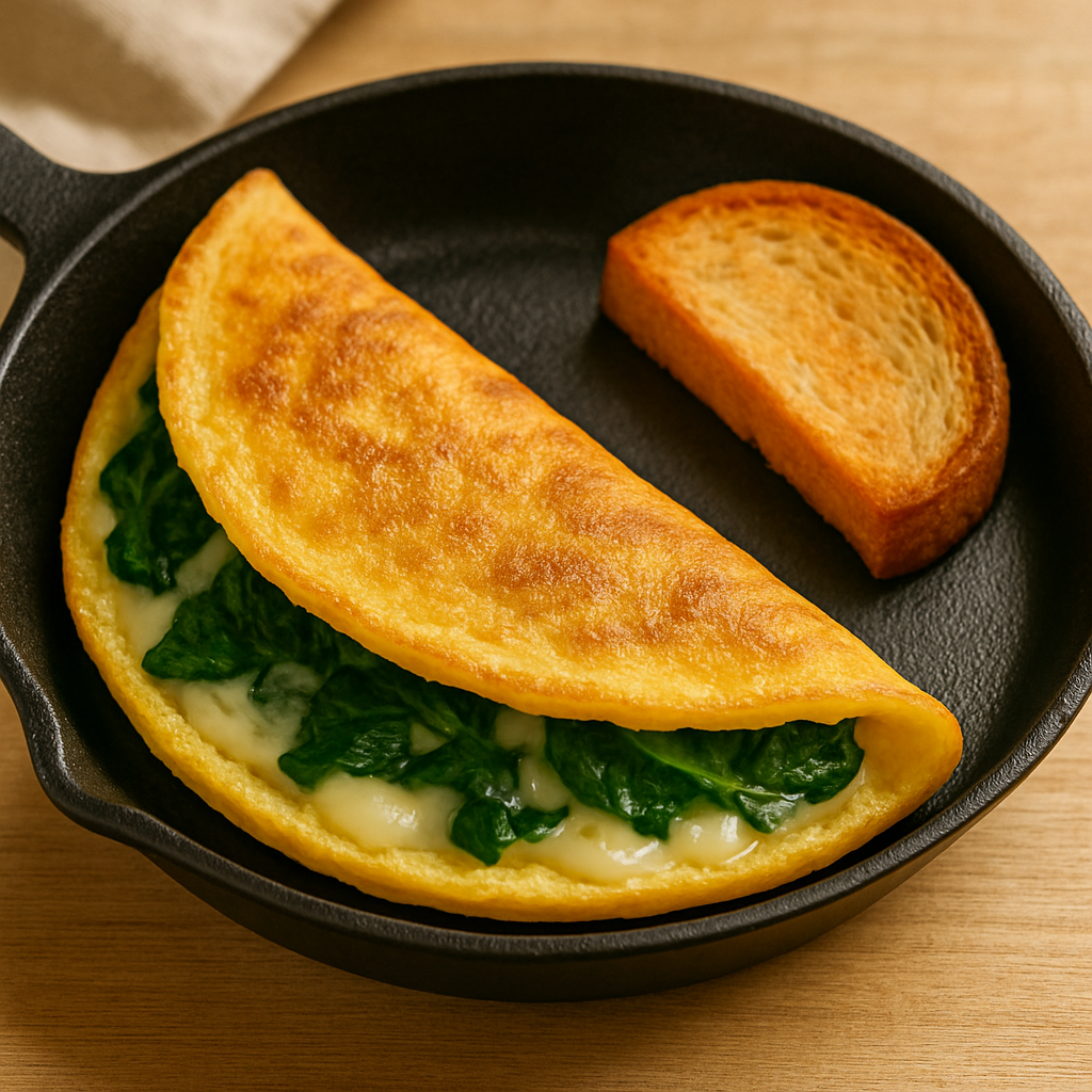 Tortilla doblada con queso derretido y espinacas visibles en el interior, servida en plato blanco con hojas frescas al costado