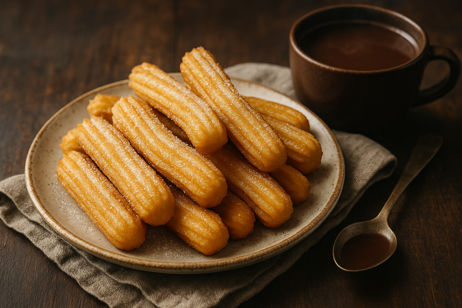 Churros con chocolate: tiras doradas de masa frita con forma estriada, espolvoreadas con azúcar, servidas junto a taza de chocolate espeso humeante