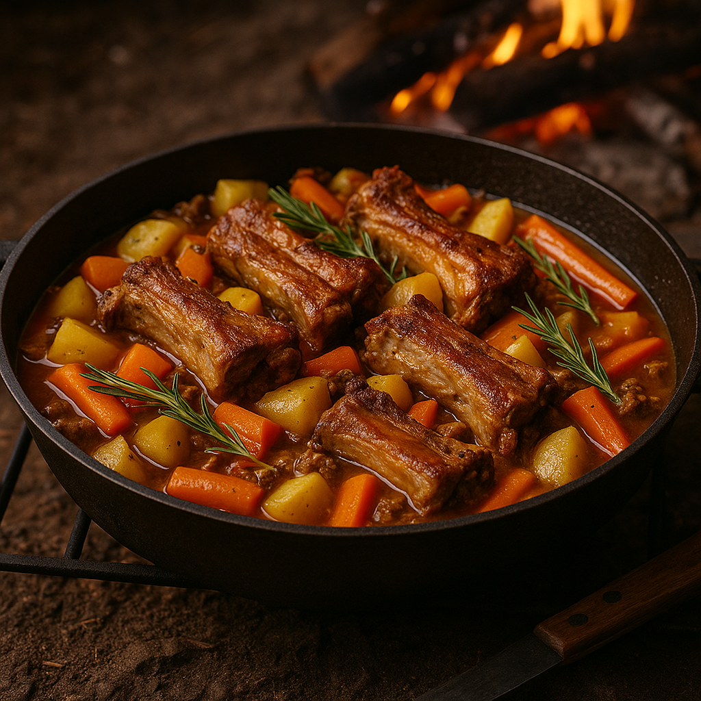 Costillitas al disco para 8 personas: sartén grande con costillas doradas, papas, zanahorias y pimientos cocinados juntos, decorado con hierbas frescas