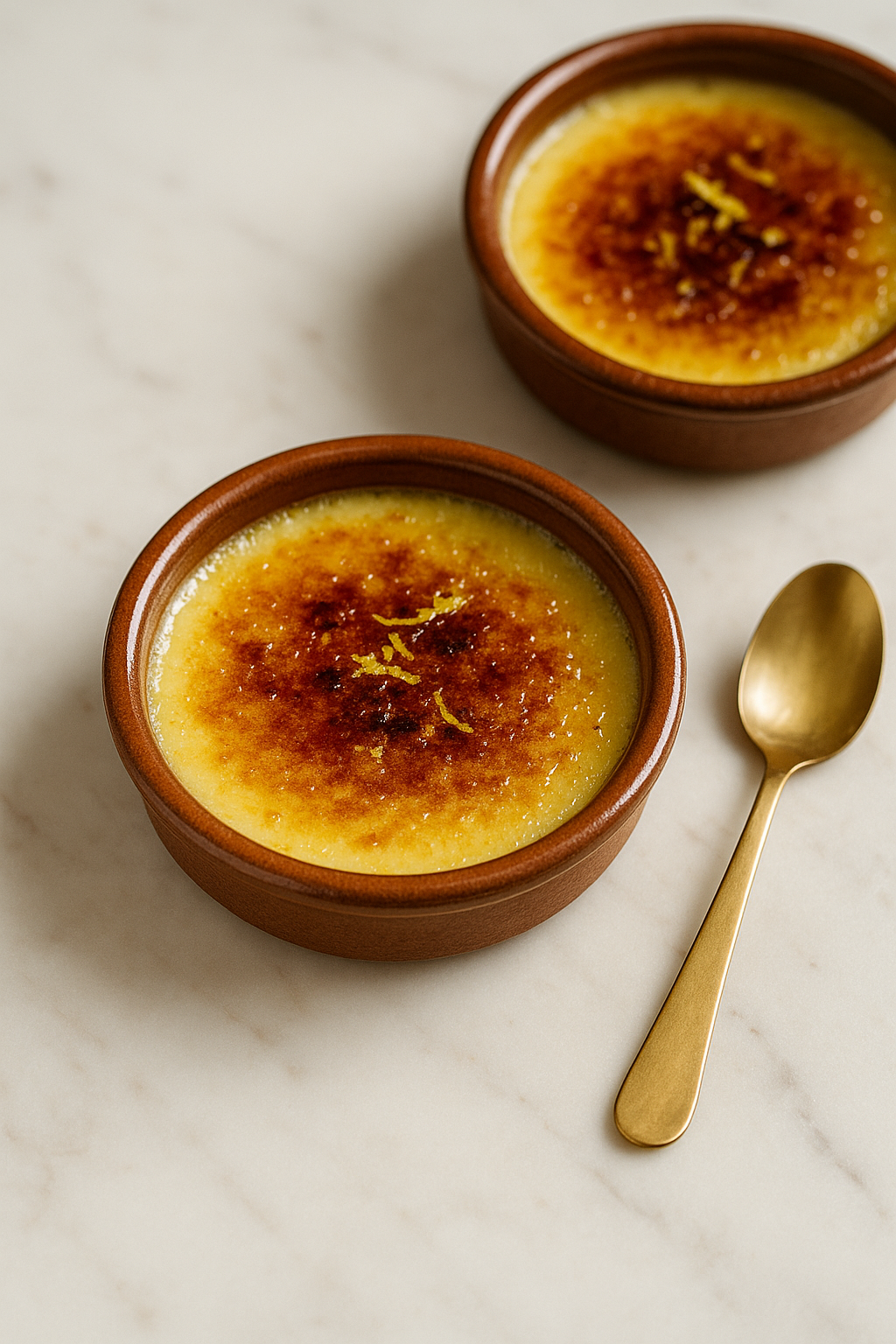 Crema catalana: cuencos individuales con crema amarilla pálida y superficie caramelizada dorada, ligeramente craquelada y decorada con ralladura de limón