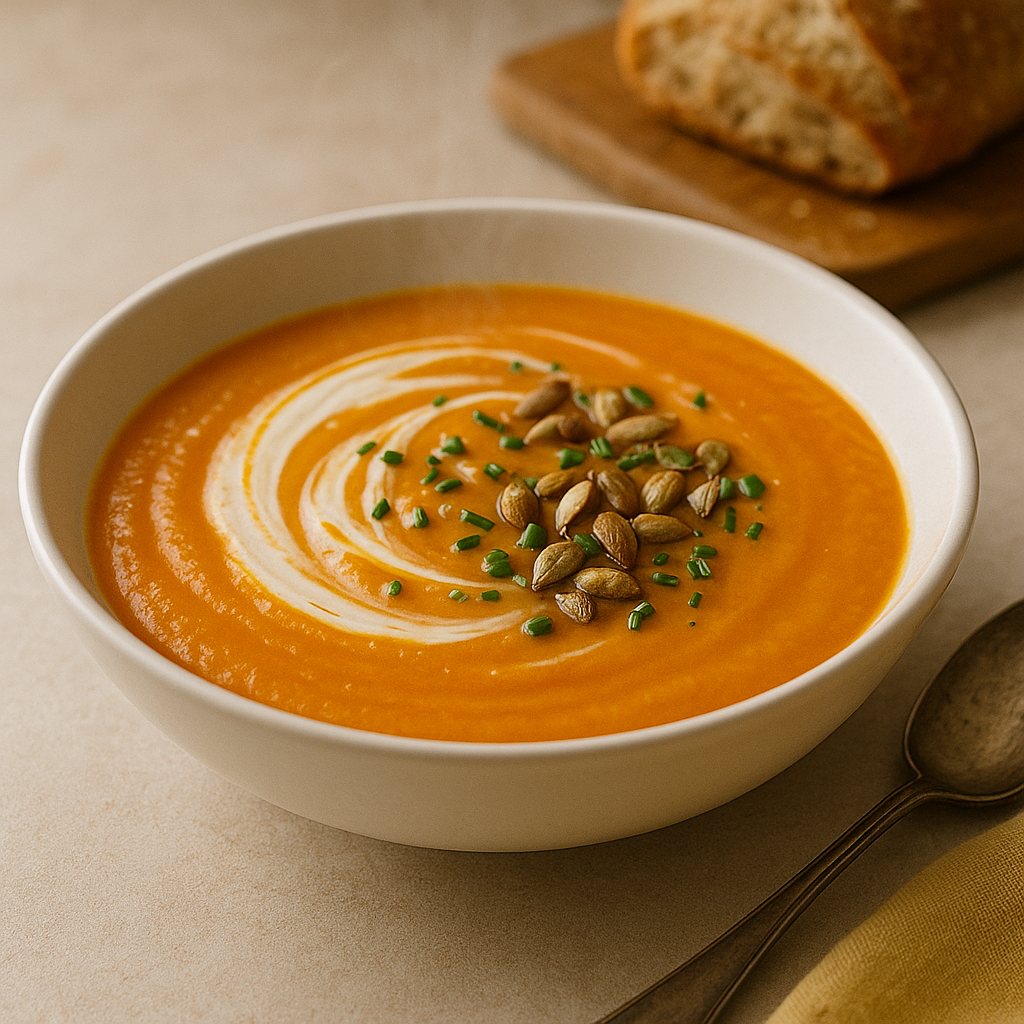 Plato hondo con crema de calabaza anaranjada, decorado con semillas, gotas de crema y cebollín picado