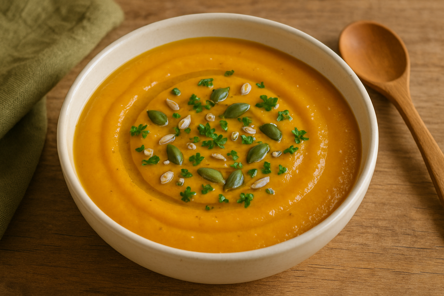 Cremas de verduras caseras: plato hondo con crema de calabaza y zanahoria, decorado con perejil picado y semillas, servido con cuchara de madera