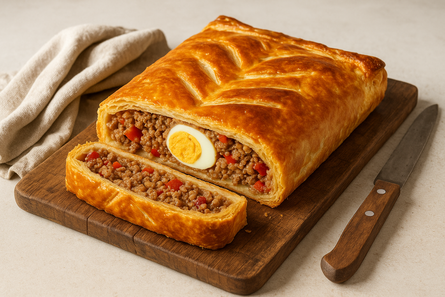 Empanada de hojaldre XXL: pieza rectangular grande con relleno visible de carne, pimientos y cebolla, superficie dorada y brillante