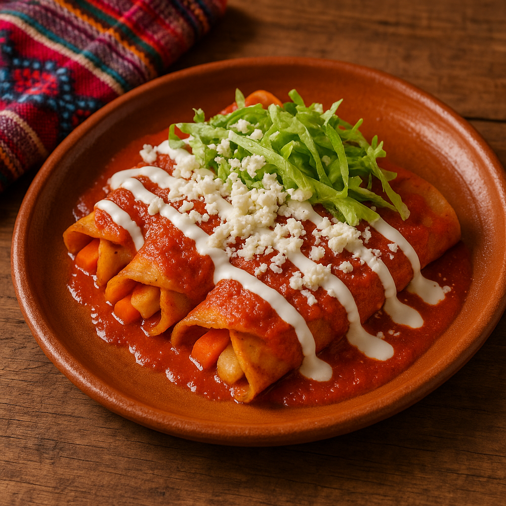 Enchiladas michoacanas: tortillas dobladas rellenas de papa y zanahoria cubiertas con salsa roja, crema y queso, servidas con lechuga