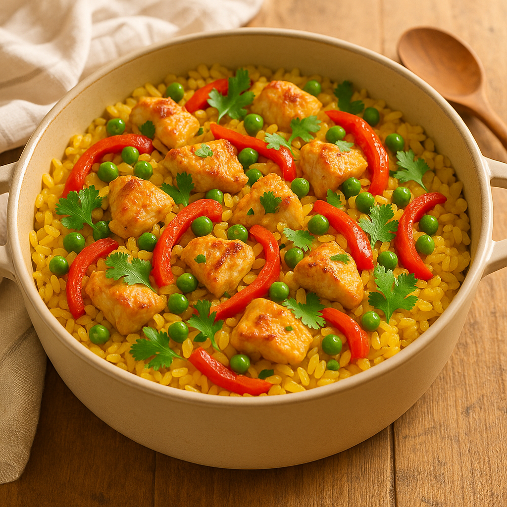 Cazuela con arroz amarillo Goya, trozos de pollo jugoso, pimiento rojo y arvejas verdes, decorado con cilantro