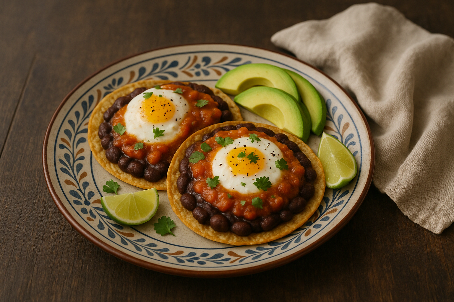 Plato con huevos rancheros: tortillas doradas, huevos fritos, salsa roja, frijoles refritos y cilantro fresco