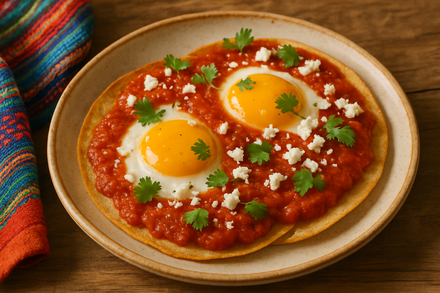 Huevos rancheros: dos huevos fritos sobre tortillas doradas, cubiertos con salsa roja, queso desmoronado y hojas de cilantro fresco
