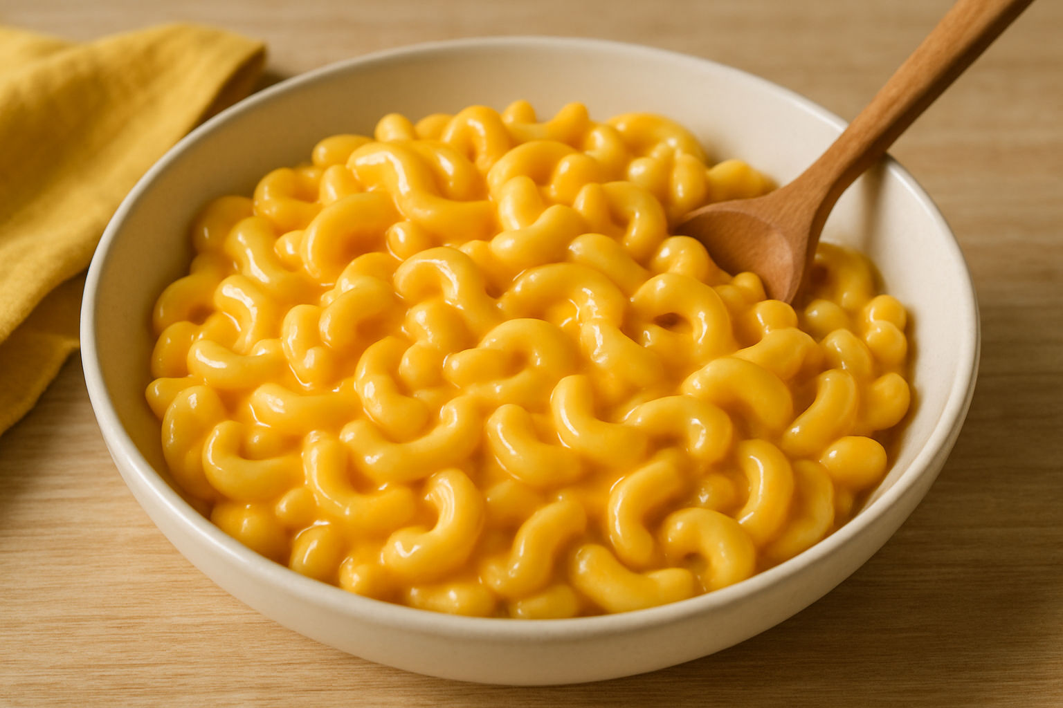 Macarrones con queso (Mac & Cheese): pasta corta cubierta con salsa cremosa de queso cheddar, servida caliente en plato hondo con cuchara de madera