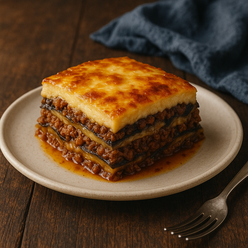 Moussaka griega: porción rectangular servida en plato blanco, con capas visibles de berenjena, carne picada y bechamel gratinada