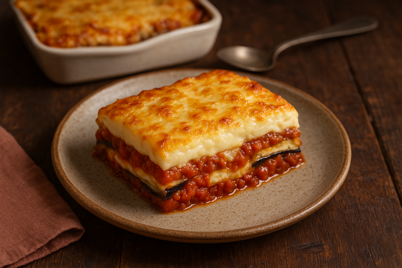Moussaka vegetariana: porción servida con capas visibles de berenjena, salsa de tomate y bechamel gratinada, en plato rústico sobre fondo de madera oscura