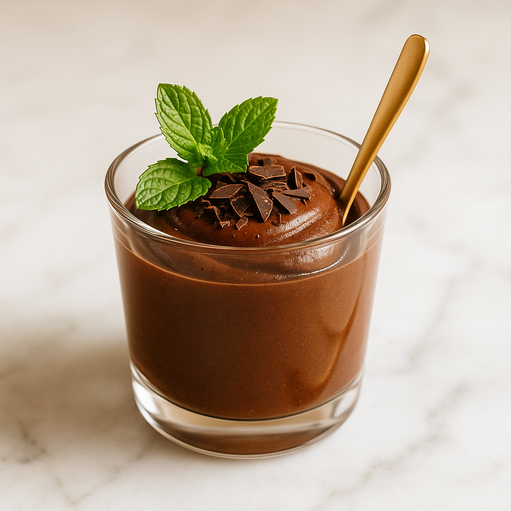Vasito de mousse de chocolate oscuro con textura cremosa, decorado con virutas de chocolate y hojas de menta