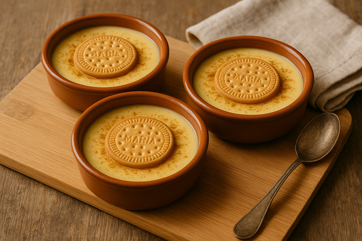 Natillas tradicionales: pequeños cuencos de cerámica con crema amarilla suave, espolvoreadas con canela en polvo y decoradas con galleta maría