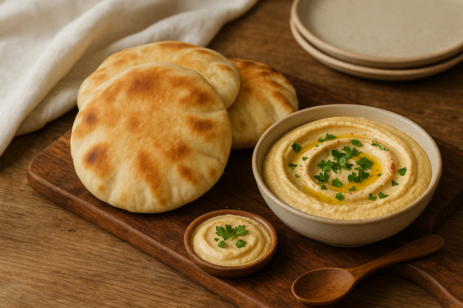 Pan árabe casero inflado y dorado, servido en una tabla de madera con un bol de hummus y ramas de perejil