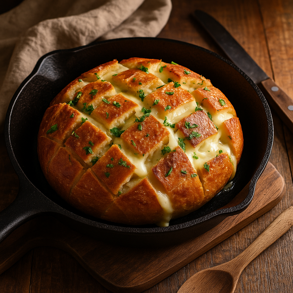 Pan de ajo con mozzarella: hogaza crujiente con cortes rellenos de queso fundido y perejil, servido caliente en bandeja de hierro