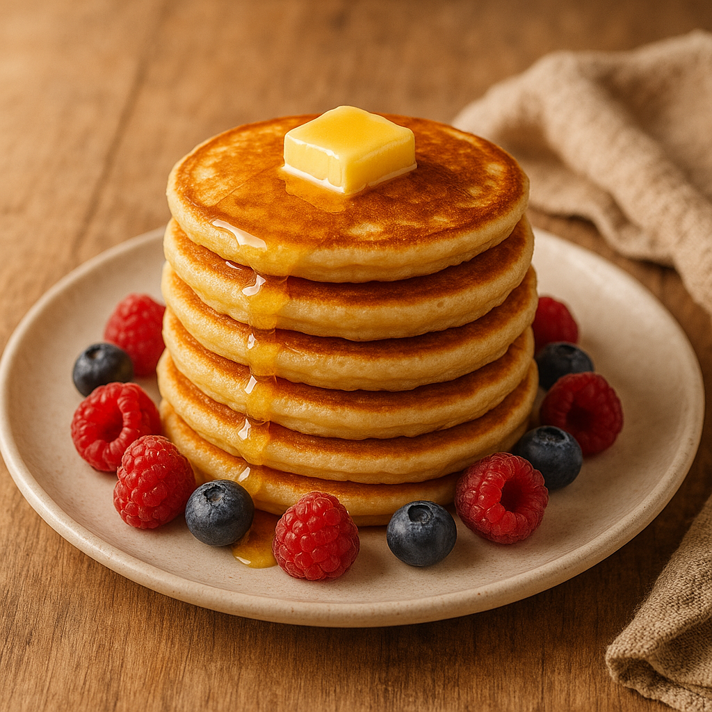 Panqueques suaves (pancakes): torre de panqueques dorados, mantequilla derretida encima y miel escurriendo, acompañados de frutos rojos