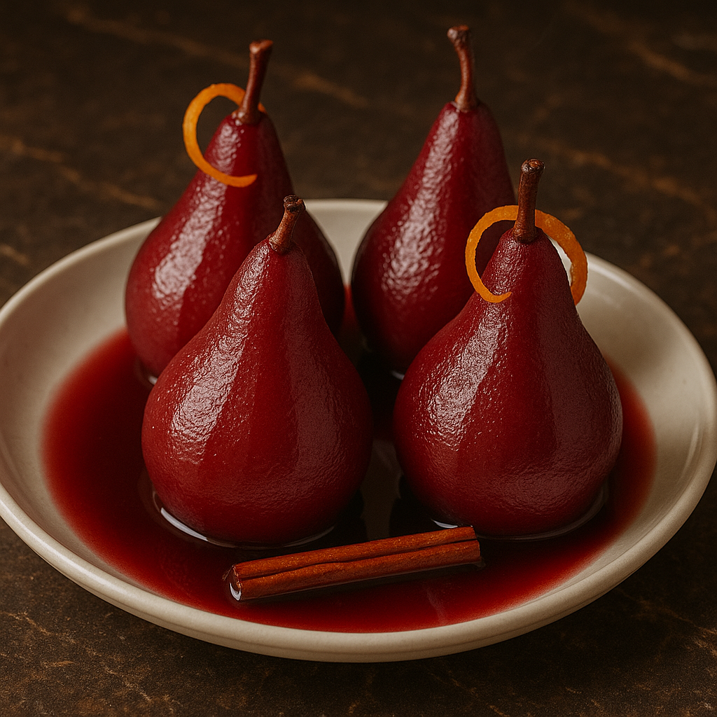 Peras al vino: peras enteras cocidas de color rojo intenso servidas en plato hondo con reducción de vino, decoradas con canela en rama