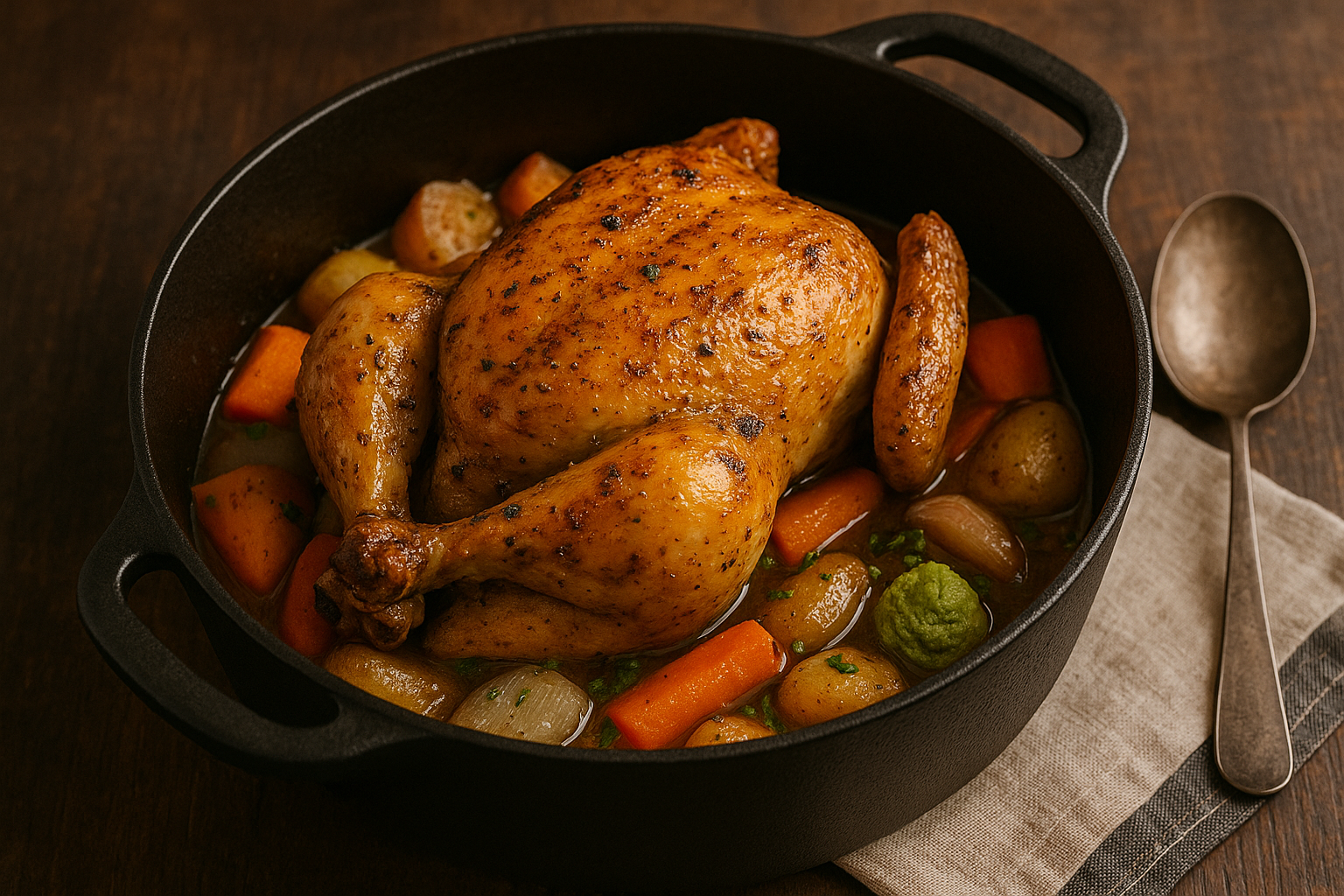 Pollo asado en olla con especias: ave dorada entera sobre lecho de papas y zanahorias, con salsa espesa y hierbas visibles