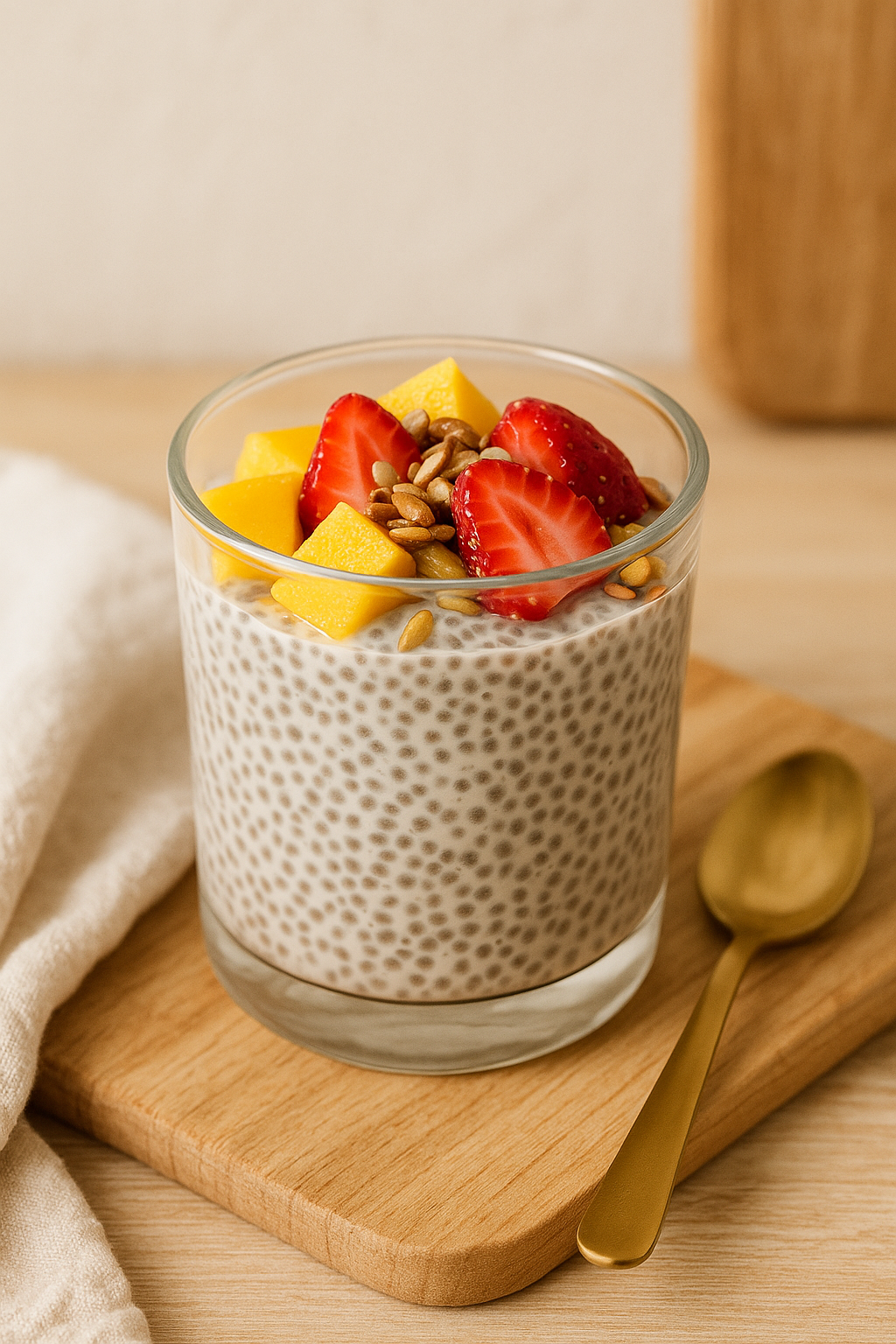 Pudín de chía (preparado la noche anterior): vaso de vidrio con mezcla espesa de chía, decorado con mango en cubos y semillas, fondo claro