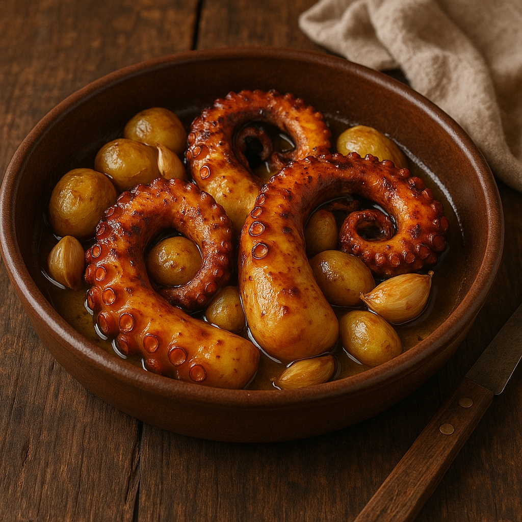 Pulpo al lagareiro: tentáculos dorados al horno sobre papas pequeñas abiertas, bañados en aceite de oliva y ajo, servidos en fuente de barro