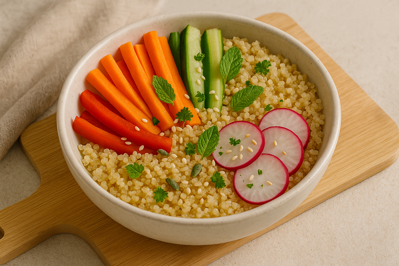 Quinoa con crudités: bowl con quinoa cocida, bastones de zanahoria, pepino, pimiento y rábanos frescos, decorado con semillas y hojas verdes