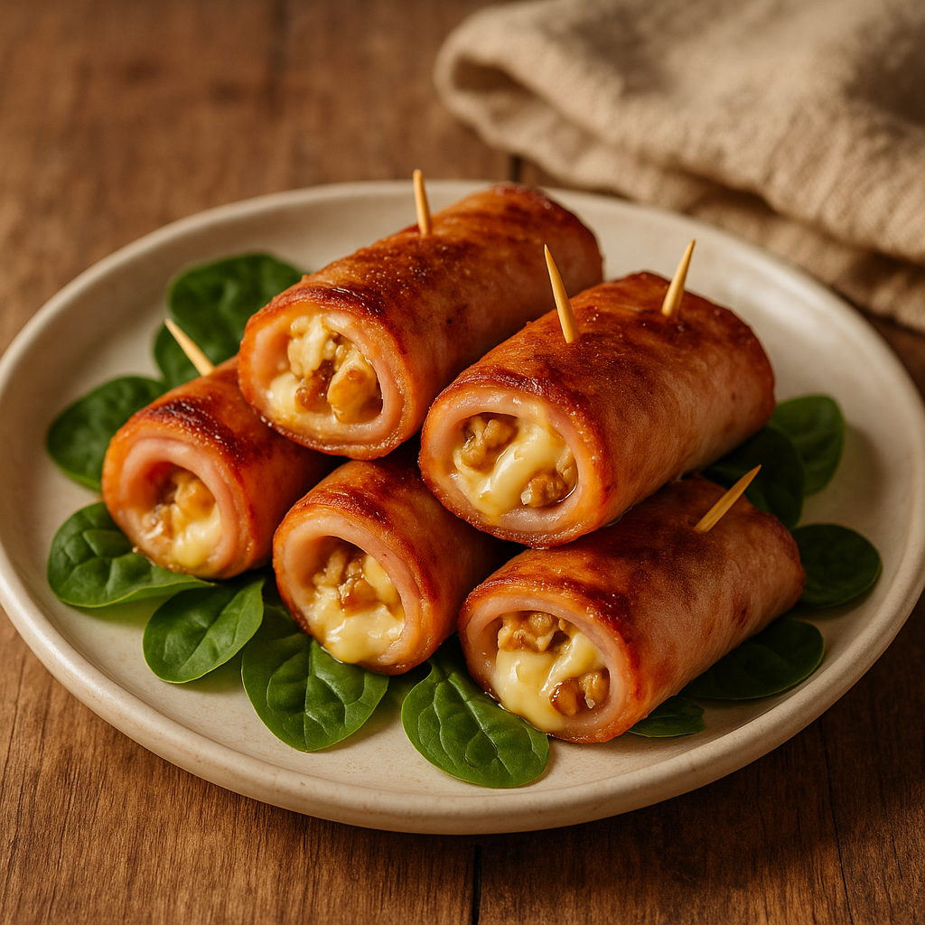 Rollitos de jamón y queso con nueces: lonjas enrolladas rellenas de queso fundido, nueces picadas por dentro y por encima, sobre plato blanco