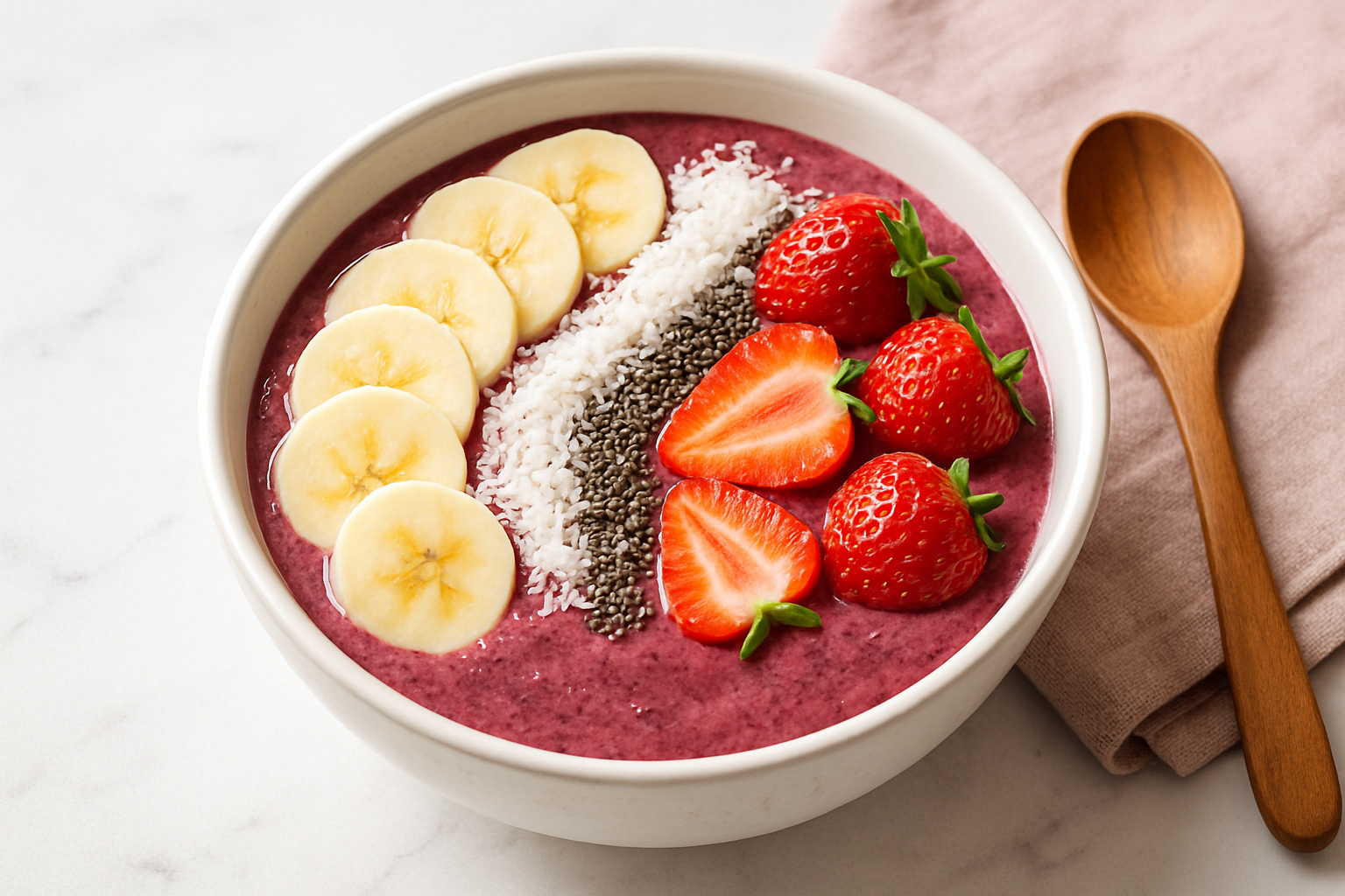 Smoothie bowl: bol de frutas con base espesa de frutos rojos y plátano, decorado con rodajas de banana, coco rallado, semillas y frutillas frescas