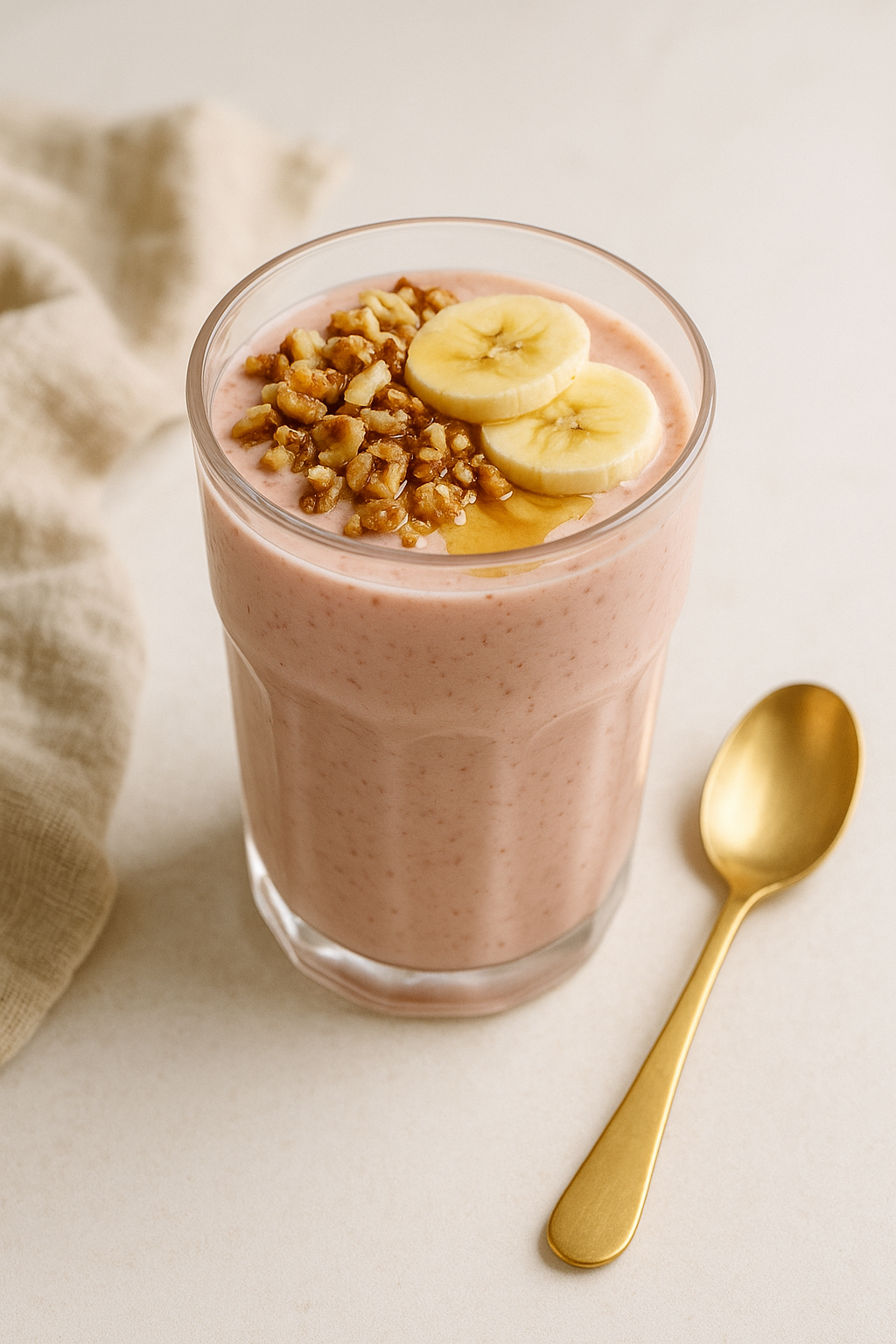 Vaso alto con smoothie de frutas cremoso, decorado con frutos secos picados y rodajas de banana, sobre fondo claro