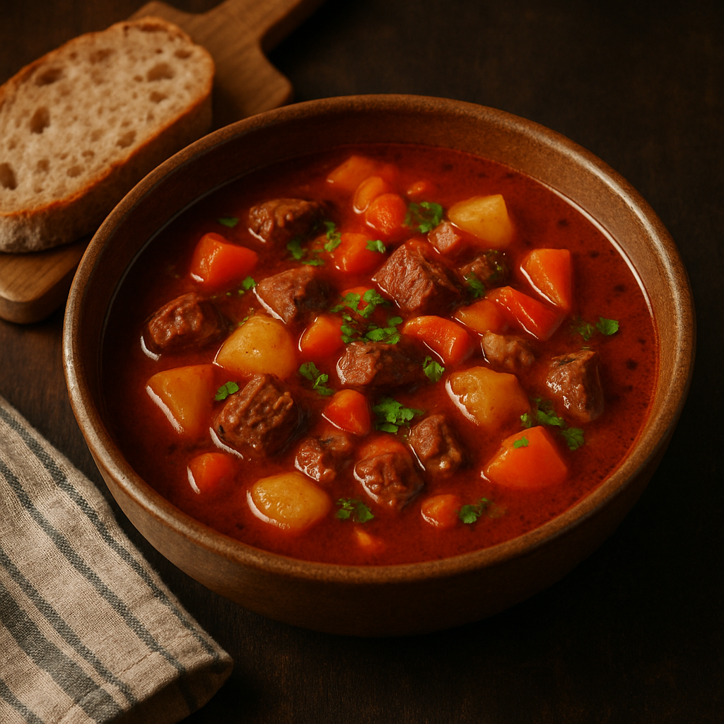 Sopa de goulash húngara: caldo rojizo espeso con trozos de carne, papas, zanahorias y pimientos, servido en cuenco de cerámica rústica