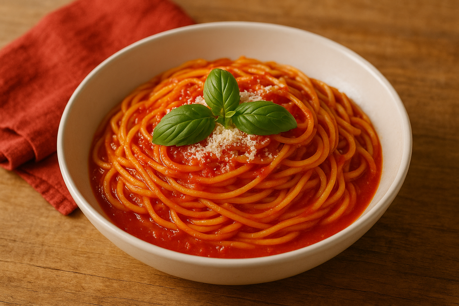 Spaghetti rojo rápido: plato hondo con pasta cubierta de salsa de tomate, decorado con hojas de albahaca fresca y parmesano rallado