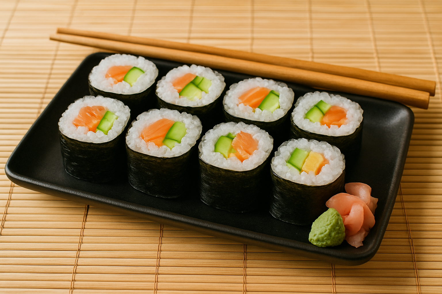 Sushi japonés maki: rollos de alga nori con arroz blanco, salmón crudo, pepino y aguacate, dispuestos en fila sobre plato rectangular